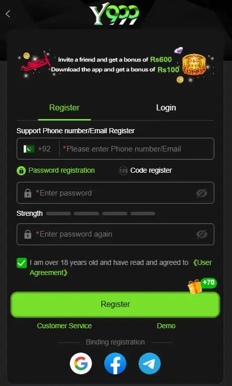 Y999 login and register screenshot
